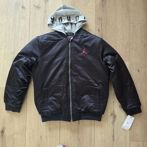 Jordan Black Bomber Jacket with Red Logo and Gray Hood